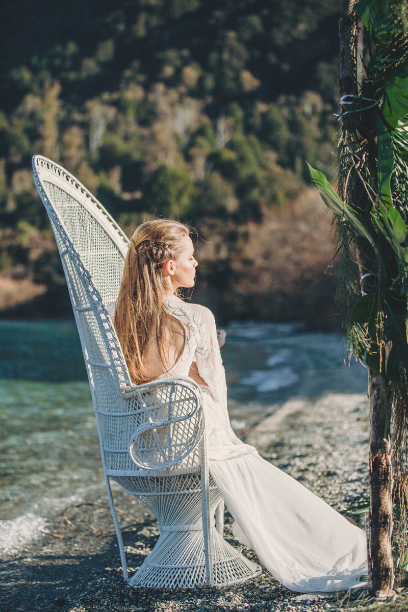 Wedding editorial shoot with bride wearing Rue De Seine wedding dress at Bobs Cove Queenstown New Zealand